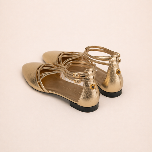 Chanel Gold T-Bar Ballerina Flats Size 38.5C