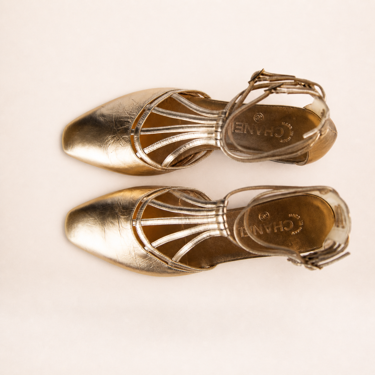 Chanel Gold T-Bar Ballerina Flats Size 38.5C