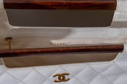 RARE Chanel White Caviar Leather Wood Handle Bag