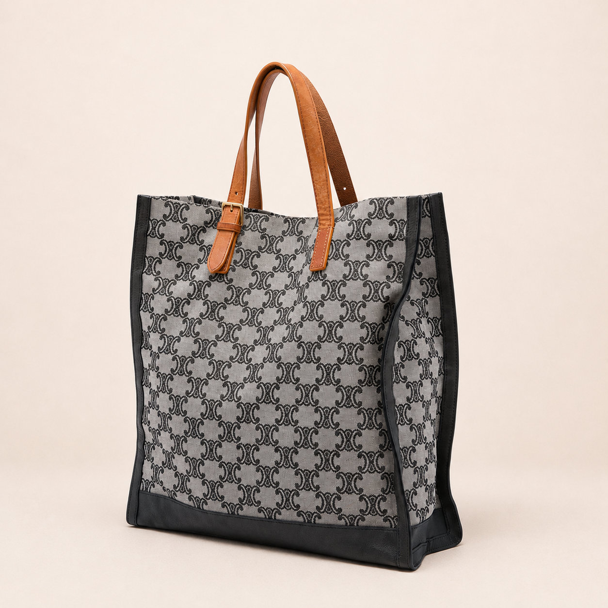 Authentic vintage Céline Triomphe Vertical Tote bag in grey Triomphe canvas with leather trim, tan leather handles and a detachable shoulder strap.