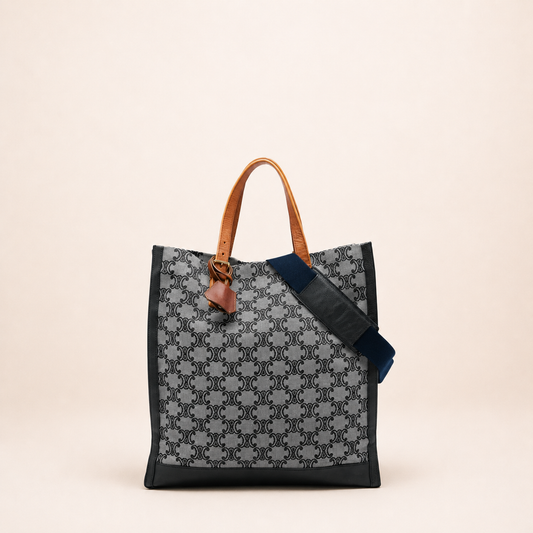 Authentic vintage Céline Triomphe Vertical Tote bag in grey Triomphe canvas with leather trim, tan leather handles and a detachable shoulder strap.