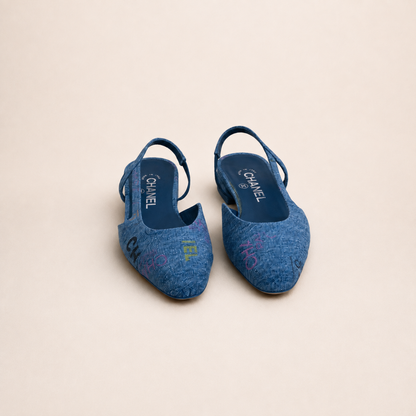 Chanel Denim Slingback Pumps Blue - Size 37C - New in Box