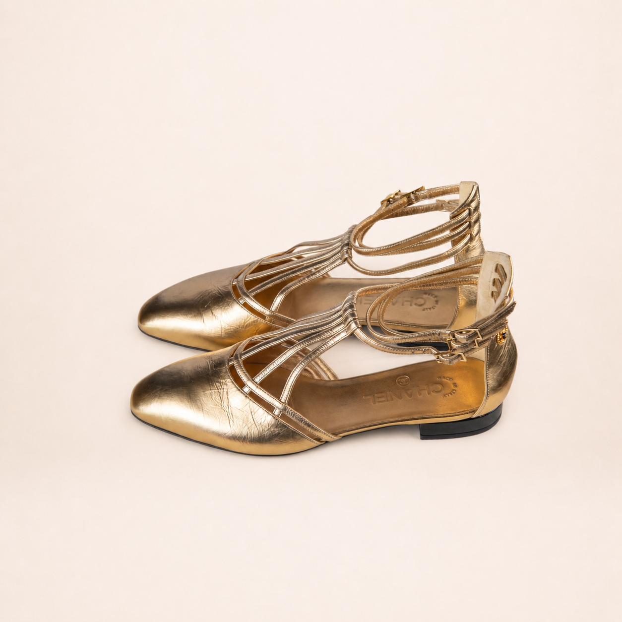 Chanel Gold T-Bar Ballerina Flats Size 38.5C