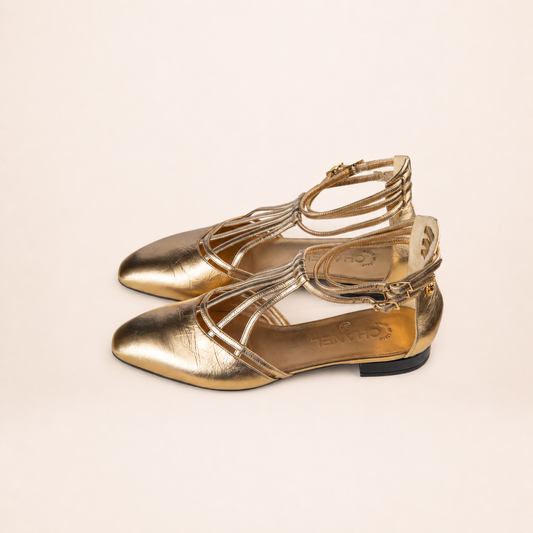 Chanel Gold T-Bar Ballerina Flats Size 38.5C