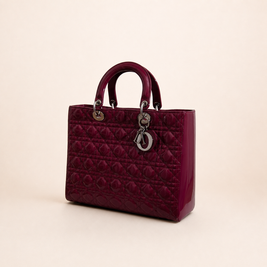 Authentic vintage Dior Lady Dior Large handbag in red patent leather with silver-tone hardware, front view