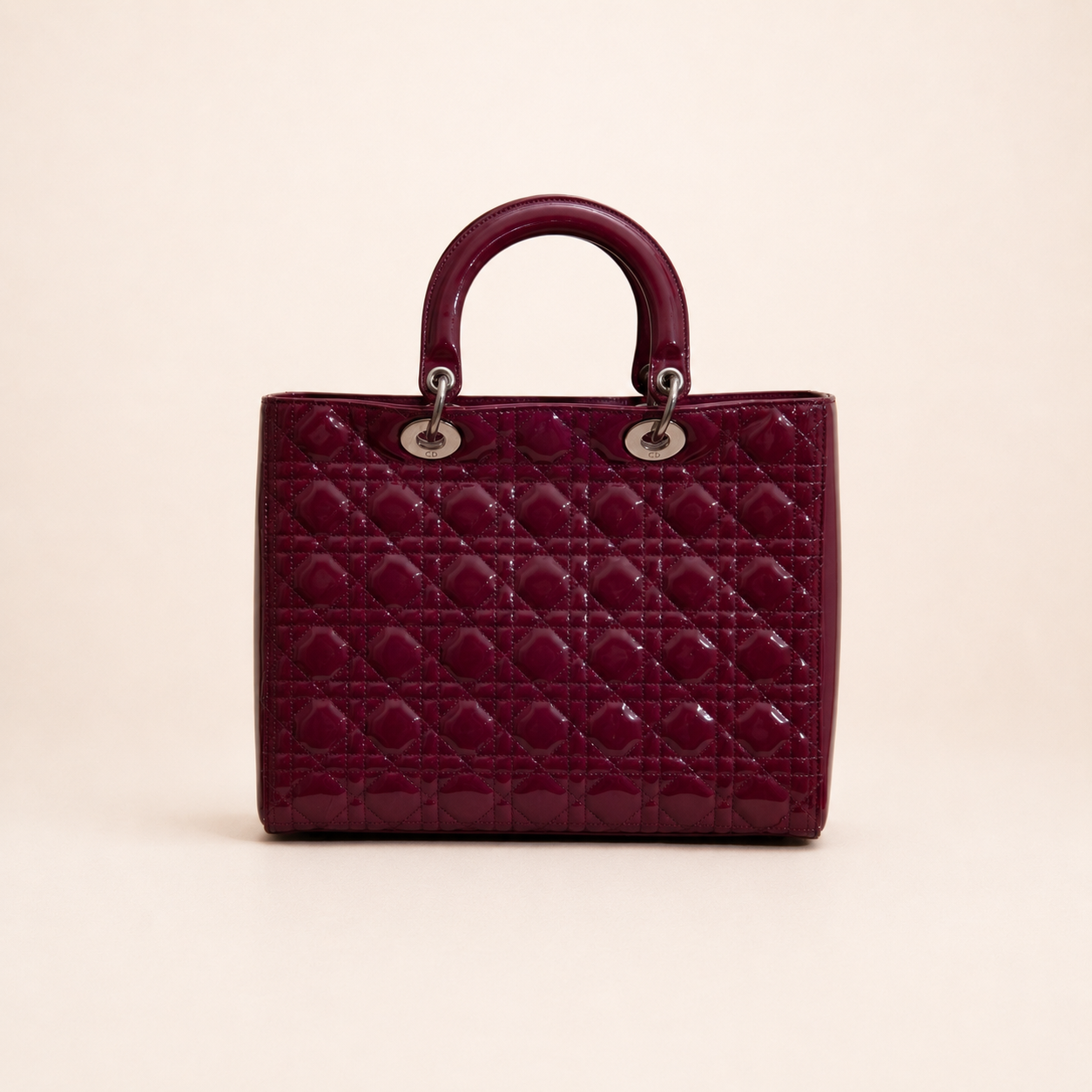 Authentic vintage Dior Lady Dior Large handbag in red patent leather with silver-tone hardware, front view
