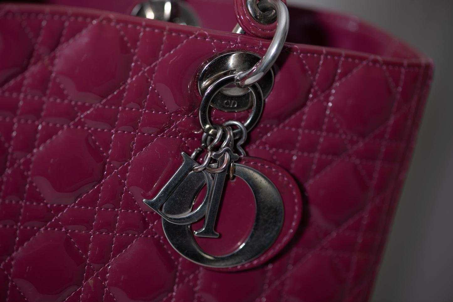Authentic vintage Dior Lady Dior Large handbag in red patent leather with silver-tone hardware, front view