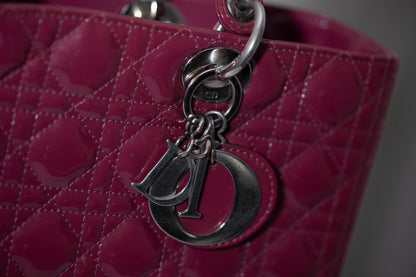 Authentic vintage Dior Lady Dior Large handbag in red patent leather with silver-tone hardware, front view